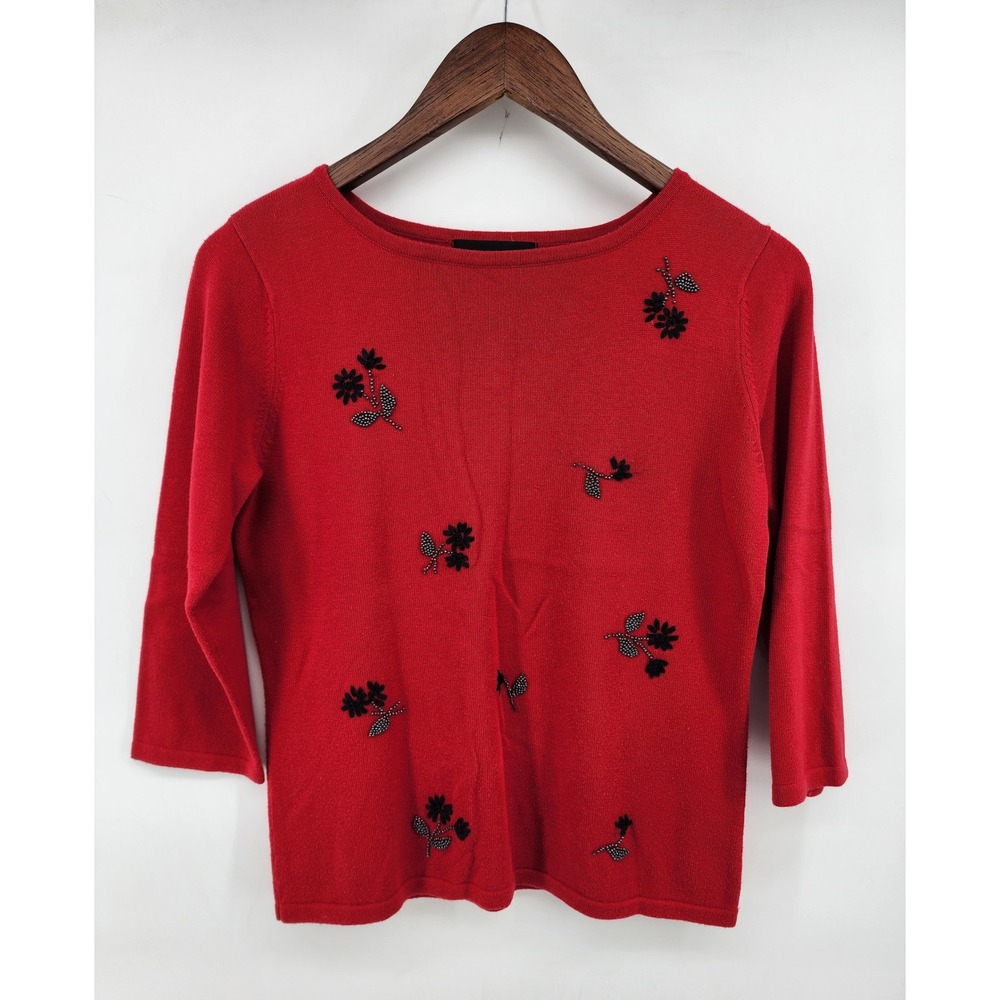 Sag Harbor Red Beaded Floral 3/4 Sleeve Knit Sweater Top Petite Small
